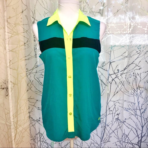 Hurley yellow green black Colorblock collared collar button up tank top shirt - Picture 1 of 8